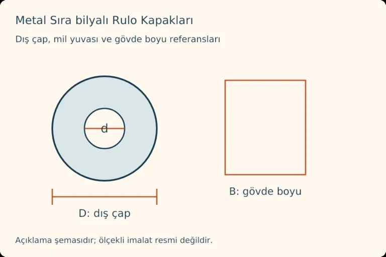 Metal Sıra bilyalı Rulo Kapakları — dış çap, mil yuvası ve gövde boyu referansları