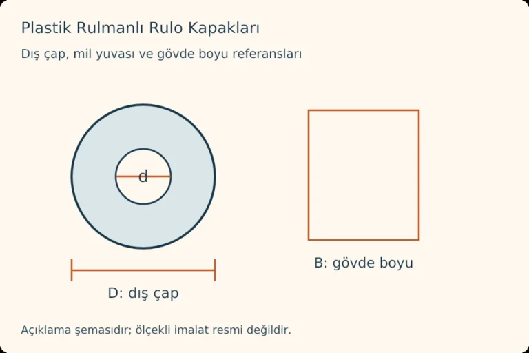 Plastik Rulmanlı Rulo Kapakları — dış çap, mil yuvası ve gövde boyu referansları